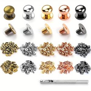 TEMU 125세트 차카 스크류 - 슬롯 니플 헤드가 있는 헤비듀티 메탈 리벳 스터드, 골든, 블랙, 브래스, 구리 색상 - 가죽, 패브릭, 벨트, 신발, 가방, 개 목걸이, DIY 공예용 - 전동 드릴 및 핸드 툴 호환 - 전문가 및 취미 사용자에게 이상적, 가죽 작업 도구, 장식용 고정장치, 내구성 있는 고정장치, 패브릭 고정장치, 패션 디자이너용