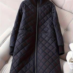 TEMU 여성용 우아한 겨울 코트 - 긴소매 지퍼업 재킷, 스탠드 칼라, 단색, 안감, 레귤러 핏, 롱 기장, 캐주얼 스타일, 통근에 적합