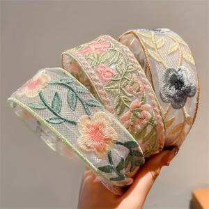 TEMU 여성용 빈티지 스타일 인도 영감 와이드 브림 헤어밴드 - 꽃과 잎 자수, 부드러운 앞머리용, 웨딩, 페스티벌, 일상 헤어스타일 - 에스닉 헤어 액세서리 (핑크, 그린, 브라운, 베이지)