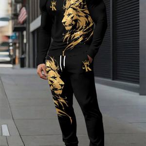TEMU 남성 패션 3D 사자 프린트 투피스 스포츠웨어 세트, 긴팔 티셔츠와 긴 바지로 구성되어 편안한 여름 착용을 위해 디자인되었습니다.