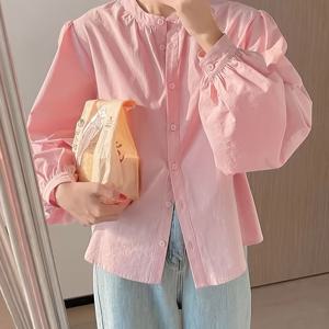 TEMU 여성용 프렌치 빈티지 크림핑크 버튼프론트 긴팔 블라우스 - 라운드넥 솔리드 컬러 셔츠, 세탁기 사용 가능 2025 가을 신상 캐주얼 & 드레시 아웃핏