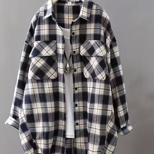 TEMU 여성용 루즈핏 블랙 & 화이트 체크 셔츠 긴팔 캐주얼 커뮤터 포켓 탑 주름 방지 봄 가을 아우터