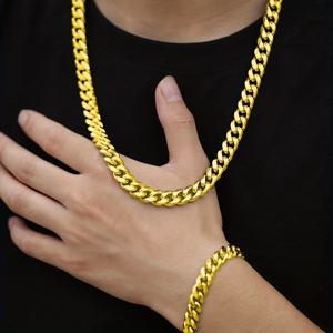 TEMU 2개 쿠바 목걸이/팔찌 세트 - 골드 톤 힙합 스타일 스테인리스 스틸 주얼리, 남녀 공용 피스, 또는 특별한 날에 완벽, 데일리 주얼리 | 힙합 스타일 | 내구성 좋은 주얼리|남자팔찌|남자목걸이