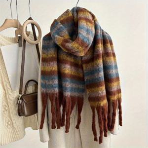 TEMU 1개 여성용 우아한 양면 겨울 스카프 - 두꺼운 꼬임 & 태슬 프린지, 녹색/노란색/회색/검정/회색-녹색 줄무늬 방풍 쇼울, 캐주얼 & 포멀 의상용 부드럽고 따뜻한 랩, 세탁기 사용 가능 (깃털 없음)