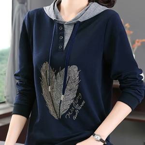 TEMU 여성용 네이비 블루 대조 후드 탑, 루즈핏 라인스톤 패턴 탑, 봄과 가을 캐주얼 출근용 다용도 긴팔 후드티, 여성용 긴팔 탑, 여성용 핏 풀오버