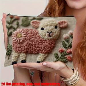 TEMU 1개 양 프린트 메이크업 파우치 - 양 모양 지퍼 풀, 귀여운 비비 양 디자인 화장품 케이스, 파스텔 핑크 & 베이지 폴리에스터 여행 정리함, 여성용 (6.5x8.46인치) - 평면 프린트 (진짜 자수 아님) 선물, 2D 평면