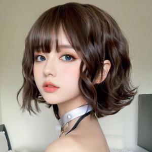 TEMU 일본식 숏 볼륨 웨이브 가발 - 뱅이 있는 간편한 일상용, 파티, 특별한 행사용 자연스러운 숏 웨이브 헤어피스