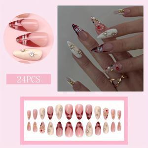 TEMU 24개 크리스마스 프레스온 네일 - 우아한 레드 체크 프렌치 아몬드 모양, 멀티 라인스톤 스파클 디자인, 고급스러운 광택 마감 여성용 인조 네일 세트, 화려한 쉬머가 있는 축제 분위기 매니큐어 세트, 크리스마스 파티에 완벽