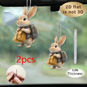TEMU 2D 플랫, 2개 토끼 백팩 걸이 참 - 귀여운 만화 토끼와 백팩, 튼튼한 아크릴 차량 내부 장식, 키체인 & 거울 펜던트