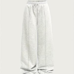 TEMU 여성 캐주얼 와이드 레그 팬츠 (탄성 드로스트링 허리) - 가을/겨울용 포근한 기모 안감 바지, 단색, 사계절 편안함, 캐주얼 복장