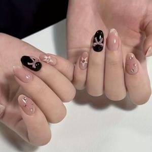 TEMU 10개입 숏 오벌 프레스 네일 - 투명 누드 컬러에 리본 & 글리터, 광택감 있는 착용형 인조네일 - 파티, 웨딩, 데일리용 프리메이드 제품, 젤 글루 & 파일 포함|젤네일|네일팁