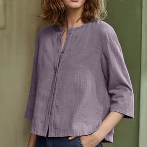 TEMU 여성용 라벤더 빈티지 스타일 3/4 소매 블라우스 - 루즈핏 버튼업 셔츠, 롤드 커프스, 기계 세탁 가능 사계절 캐주얼 & 포멀웨어 탑, 우아한 플리츠 디자인