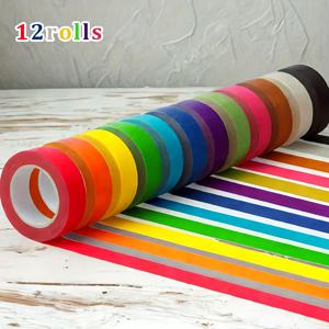 TEMU 12pcs 다색 마스킹 테이프 세트, 잔여물이 없는 접착성 주름 방지 종이 테이프, 페인팅, 장식, 예술 및 공예용, 전기 필요 없음