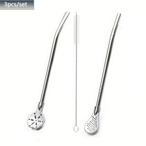 TEMU 3개 스테인리스 스트로우 스푼 세트 - 청소 브러쉬 포함, 탈착식 과일차 & 블렌드용 멀티 기능 스텐레스 스트로우 세트 - 홈 & 호스피탈리티용, 크리스마스와 추수감사절을 위한 완벽한 선물