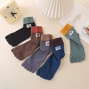 TEMU 여성용 미드-캐프 다섯 발가락 양말 5켤레, 여름용 긴 튜브 양말, 귀여운 만화 캐릭터 발바닥 양말, 핑크 컬러 블록 짧은 양말