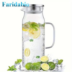 TEMU Faridabio 1500ml 내열성 고 붕규산 유리 물병 (스테인리스 스틸 뚜껑 포함) - 가정용으로 완벽 - 차가운 음료 및 아이스티에 이상적 - 차가운 음료 및 주스 제조에 편리함.