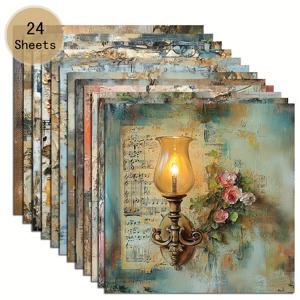 TEMU 6*6인치 옛날 오일 램프 오일 페인팅 스크랩북 얇은 종이 24장, 콜라주, DIY 종이, 스크랩북, 버티 다이어리, 인사 카드, 선물 포장 및 가정 장식용 수제 오리기
