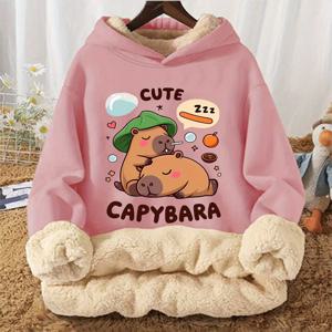 TEMU 귀여운 카피바라 프린트가 있는 여아용 따뜻한 플러시 후드티 - 녹색 및 베이지, 루즈핏, 긴 소매, 가을/겨울에 완벽한, 심장과 별이 있는 캐주얼한 재미있는 디자인, 겨울 후드티