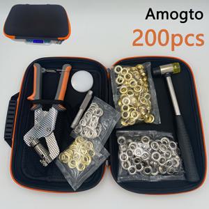 TEMU 200개 AMOGTO 그로멧 도구 키트, 가방 포함 - 핸드헬드 홀 펀치 플라이어, 해머, 3/8인치 골드 & 실버 메탈 아이렛 DIY 타프 링 수리 및 설치용, 10mm 나사, 너트, 볼트, 와셔 등 포함, DIY 타프 수리 키트|기능성 도구 세트|내구성 있는 구조, 그로멧 도구 세트