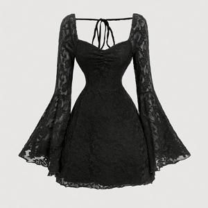 TEMU 여성용 블랙 레이스 자카드 플레어 소매 숏 드레스 ZLLZ