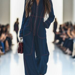 TEMU 엘레강트 네이비 블루 & 레드 와이드 레그 점프수트 - 스탠드 칼라, 트림 & 스트럭처드 보디스, 겨울용 따뜻한 트라우저수트, 세탁기 사용 가능, 신축성 없는 웨딩, 파티용 슈트 (바지 수정 불필요)