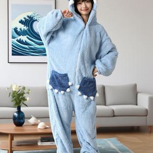 TEMU 2025 여성 가을/겨울 캐릭터 귀여운 따뜻한 상어 두꺼운 겨울 가운, 원사이즈, 추천 키 160cm-172cm/체중 45kg-60kg