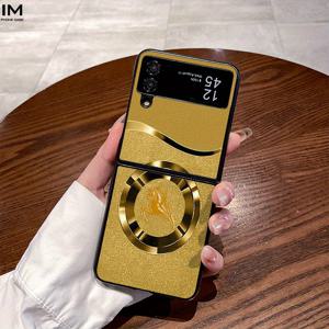 TEMU 폰 케이스: 골든 반짝이는 말 패턴 크리에이티브 고품질 실용 가죽 디자인, 갤럭시 Z Flip3, Z Flip4, Z Flip5, Z Flip6, Z Fold2, Z Fold3, Z Fold4, Z Fold5, Z Fold6 전용 폰 케이스, 스테인, 트렌디