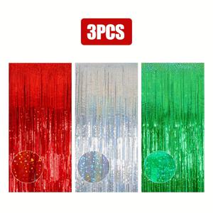 TEMU 3개 크리스마스 파티 장식 - 빨간색, 은색, 녹색 포일 프린지 스트리머 - 크리스마스, 새해, 못생긴 스웨터 파티용 반짝이는 틴셀 배경 - 전기 불필요, 간편한 걸이 포토 부스 장식 - 내구성 좋은 플라스틱 장식