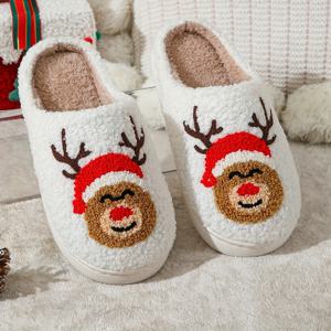 TEMU 포근한 크리스마스 순록 슬립온 슬리퍼 - 두꺼운 밑창, 따뜻한 겨울용, 귀여운 순록 & 상록수 디자인, 사계절 실내용