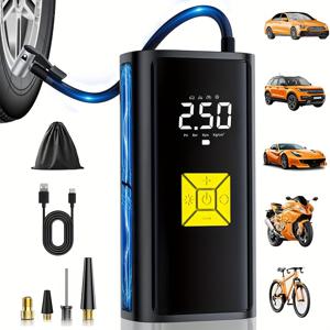 TEMU 차량용 미니 타이어 공기 주입기, 디지털 압력 게이지 및 비상 LED 라이트가 장착된 휴대용 무선 에어 컴프레서. 3배 더 빠른 공기 주입을 위한 고효율 모터가 특징입니다. 휴대용으로 가볍고 컴팩트한 Wi-Fi 기능이 있습니다.