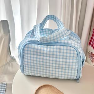 TEMU 여성용 핑크 체크 패턴 케이스 - 4단 여행용 메이크업 정리함 (투명 바닥 포켓, 브러쉬 홀더, 전면 포켓 포함) - 가볍고 내구성 있는 뷰티 백 (브러쉬, 립스틱, 아이섀도우용) (핑크)