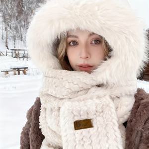 TEMU 겨울 여성용 플리스 후드, 따뜻한 스카프 및 장갑 | 탄성 있는 귀 보호, 스키, 사이클링 및 야외 레저용 두꺼운 3피스 세트, 가벼운 카키/베이지/화이트/핑크 후드 넥 커버