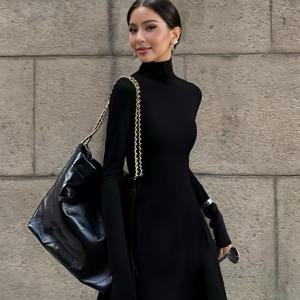 TEMU 여성용 하이넥 봄/가을 드레스, 우아한 허리핏, 무릎 길이 블랙 롱 드레스, 레이어링에 적합.|가을원피스