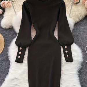 TEMU 여성용 우아한 솔리드 컬러 긴팔 드레스 - 라운드넥 겨울 드레스, 티셔츠 바디스 & 미디엄 스트레치, 세탁기 사용 가능 가을/겨울 웨딩 게스트 가운, 파티 또는 드레스 (비침 없음)