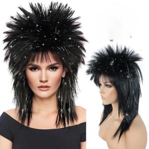 TEMU 80년대 롱 실버 블랙 여성용 가발 | 앞머리가 있는 록킹 디바 가발, 스타일, 탄성 캡, 할로윈 코스프레 및 코스튬 파티용 헤어