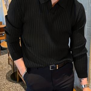 TEMU 남성용 캐주얼 솔리드 컬러 칼라 니트 셔츠 - 스트레치 V넥 긴팔 풀오버 스웨터, 가을 겨울용, 레귤러 핏, 중간 신축성, 시즌 패션, 통기성 소재, 스타일리시 니트웨어