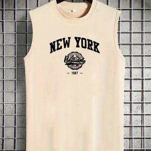 TEMU 남성 및 청소년용 민소매 탱크탑 - 생기발랄한 레드 뉴욕 애슬레틱 부서 그래픽 프린트, 통기성 스트레치 원단, 라운드 넥 캐주얼 여름 셔츠, 스포티한 운동복, 중간 탄력