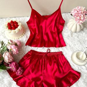 TEMU 여성용 아이스 실키 섬유 여름용 루즈핏 얇은 캐미솔 반바지 투피스 세트, 여성용 라운지웨어