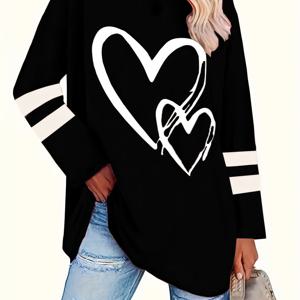 TEMU 플러스 사이즈 - 인기 있는 롱 슬리브 하트 프린트 어반 캐주얼 플러스 사이즈 여성 티셔츠 (봄/가을)