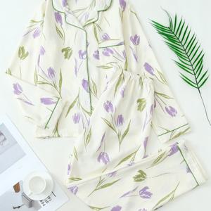 TEMU 여성용 긴팔 잠옷 세트, 튤립 프린트와 긴 바지 포함