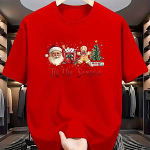 TEMU 메리 크리스마스 산타 & 진저브레드 맨 그래픽 티 - 통기성 좋은 소프트 폴리에스테르 캐주얼 여름 티셔츠 남성용 | 야외 활동 및 일상 패션에 완벽함