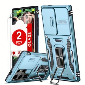 TEMU 갤럭시 S25 S24 S23 S22 S21 S20 S10 울트라 플러스 S24FE S23FE S21FE S20FE 5G 시리즈용 헤비듀티 충격방지 아머 360° 회전 금속 마그네틱 링 스탠드 휴대폰 케이스 + 강화유리 보호필름