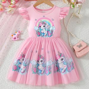 TEMU 어린 소녀를 위한 사랑스러운 핑크 유니콘 만화 드레스 - 러플 소매, 라운드 넥, 가벼운 여름 의상 - 일상복, 휴일, 학교 파티 및 공연에 완벽, 캐주얼 어린이 드레스|러플 소매 드레스|신축성 있는 원단, 소녀를 위한 유니콘 스타일