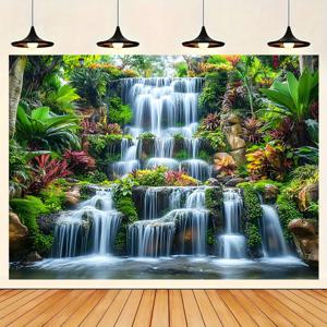 TEMU 1개 초대형 폭포 배경 배너 - 화려한 열대 풍경과 무성한 녹지 및 폭포가 있는 - 포토 부스, 생일, 기념일, 결혼식 등에 완벽함 - 재사용 가능한 실내외 파티 장식 - 폴리에스터 소재, 실내 외부 배너 | 폭포 디자인 | 폴리에스터 배너