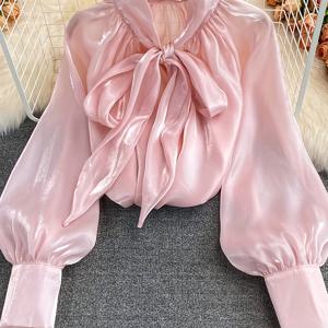 TEMU 리본 디테일이 있는 우아한 하이넥 블라우스 - 반투명 루즈핏 긴팔 셔츠, 사계절용 솔리드 컬러 탑, 사무실 및 캐주얼 복장에 적합