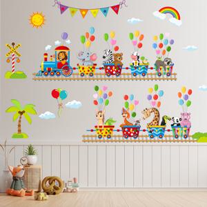 TEMU 방 꾸미기용 만화 동물 기차 테마 벽 스티커 (기린, 코끼리 포함), 침실 및 거실 배경 장식
