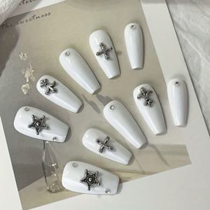 TEMU 10개 수제 프레스드 인조 네일 - 화이트 레트로 스타 디자인 매트 마감 긴 발레티 형태 웨딩, 파티, 휴가용 프레스온 네일 - 봄 여름 여성용 네일 아트 & 네일 액세서리, 축제 매니큐어, 섬세한 장인정신