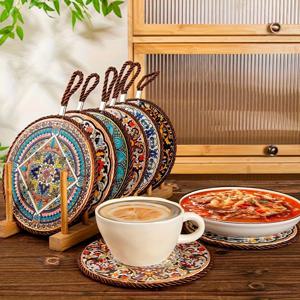 TEMU 대형 6피스 세라믹 내열 트라이벳 세트, 주방 카운터탑 보호용 미끄럼 방지 냄비 받침대, 청소가 쉬우며 고온에 강한 테이블 매트, 홈 키친 다이닝 장식