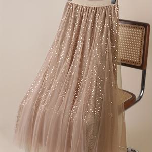 TEMU 여성용 2025 여름 우아한 하이웨이스트 시퀸 & 태슬 맥시 스커트 - 플로우 A라인 플레어드 우산 밑단, 루즈핏 솔리드 컬러 비투명 파티, 웨딩, 공식 행사, 결혼식 게스트 의상, 핸드워시 전용