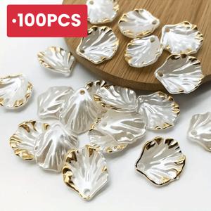 TEMU 100개의 우아한 화이트 & 골드 쉘 모양 아크릴 비즈 - 크림 페탈 디자인, 매달기 구멍 포함, 광택 DIY 공예용품, 주얼리 제작, 폰케이스 장식, 홈 데코, 액세서리 소재